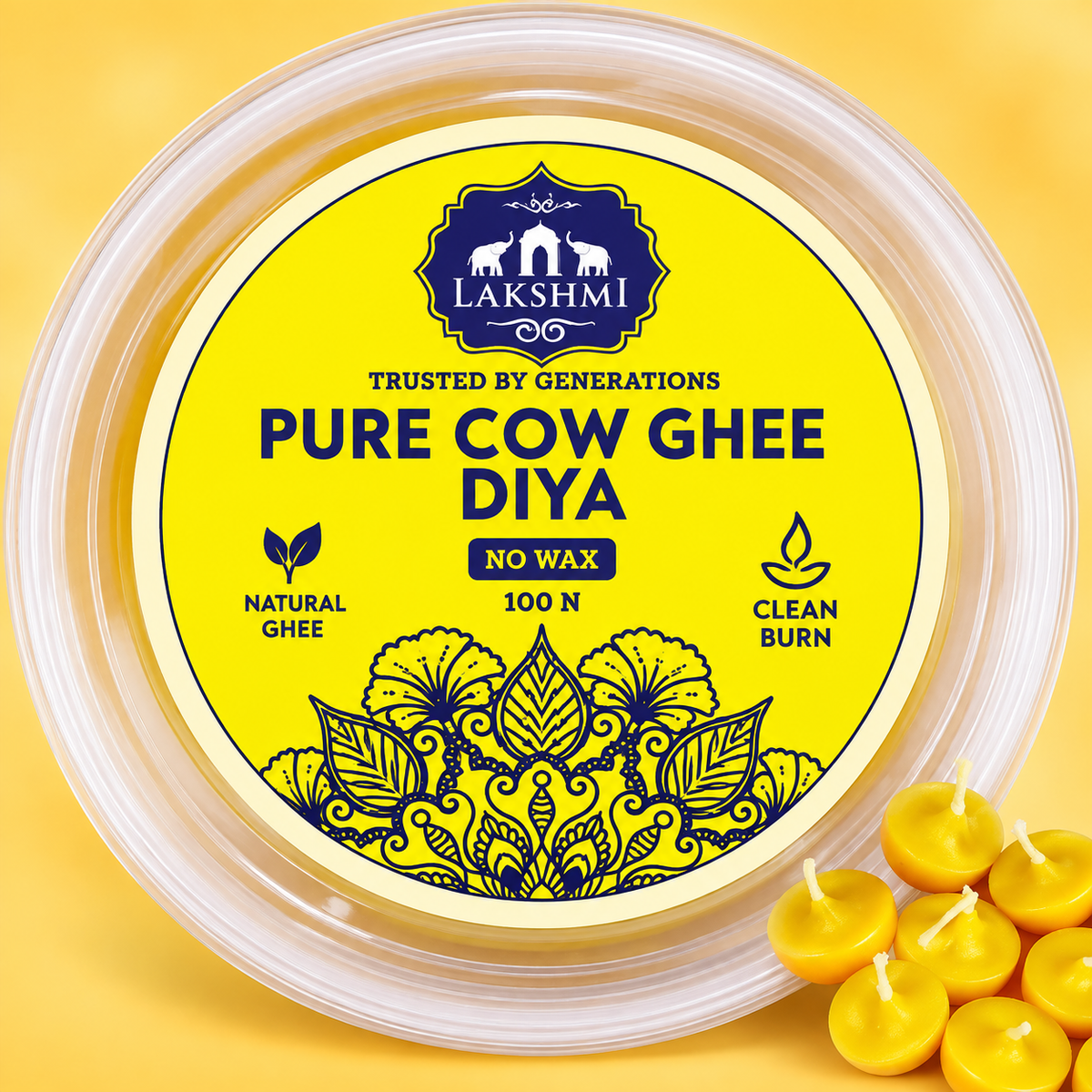 Lakshmi Pure Cow Ghee Diya – Yellow, 50 Pieces (1 Box)